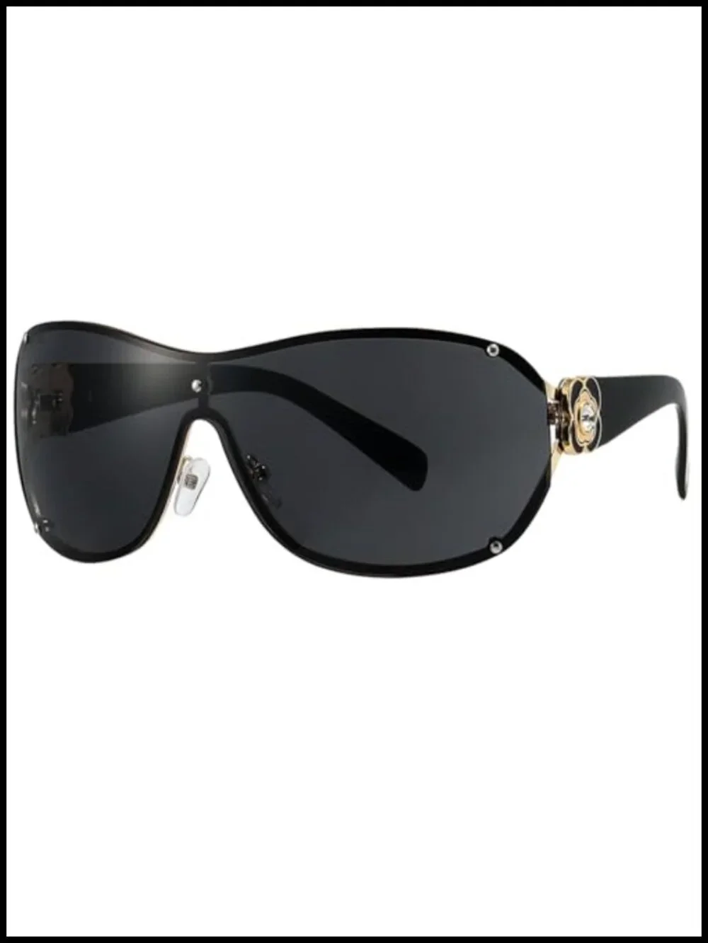 Oversized Y2K Rimless Shield Sunglasses with Rhinestone Camellia Temples UV400